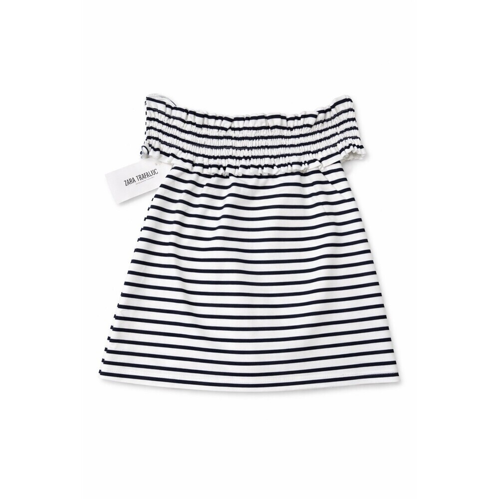 Zara Off Shoulder Striped Top Navy White Size L NWT Coastal Summer Stretch